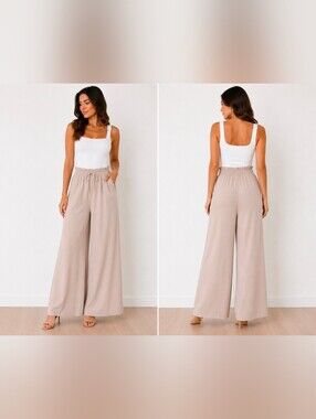 Smocked-Waist Wide Leg Pants in Light Taupe